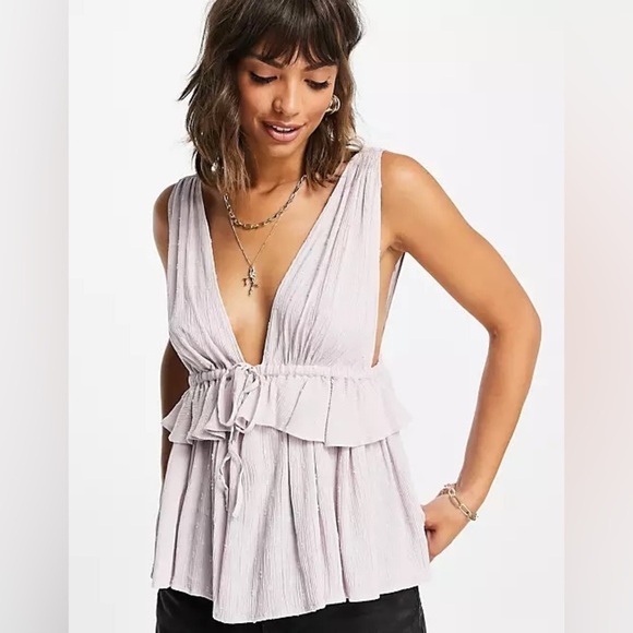 ASOS DESIGN deep v sun top with peplum hem and tie waist in lilac pink size 6 - Picture 2 of 6